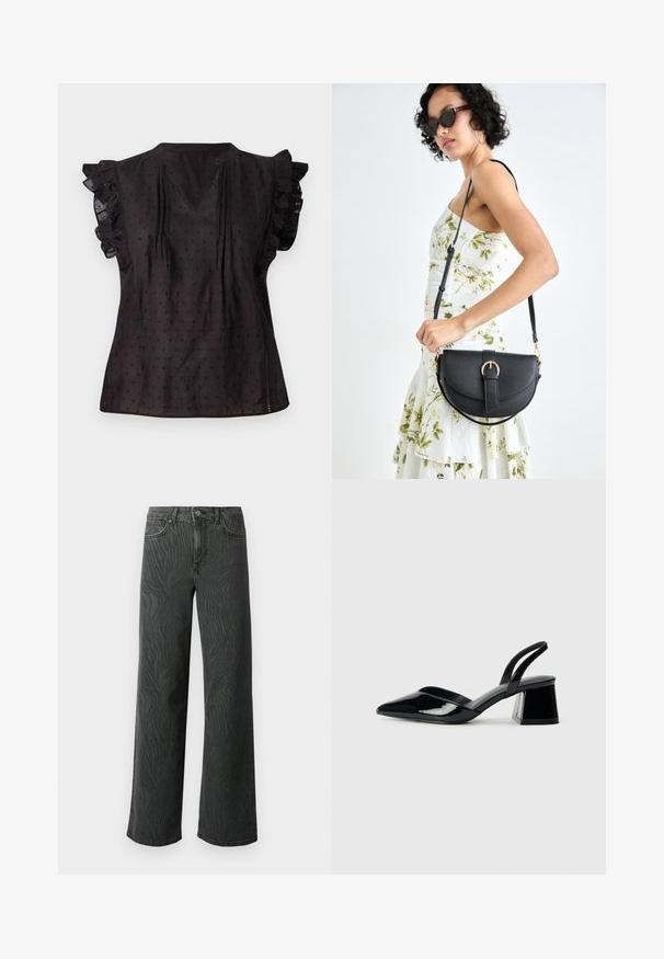 Czarna bluzka z dekoltem w serek, marszczonymi krótkimi rękawami, teksturowanym materiałem i małym wzorem w kropki. Boczne rozcięcia zwiększają komfort.; Jeans o szerokich nogawkach w ciemnoszarym denimu, z subtelną fakturą w zebry, kontrastowym przeszyciem i pięci Pocket designem z zapinaniem na guzik.; Czarne lakierowane półbuty na obcasie z wydłużonym noskiem i geometrycznym słupkiem. Charakteryzują się eleganckim, minimalistycznym designem oraz gładką fakturą.; Czarna skórzana torebka o zakrzywionym kształcie, z odpinanym paskiem i złotymi akcentami. Torebka posiada klapę z zapięciem w kształcie klamry.