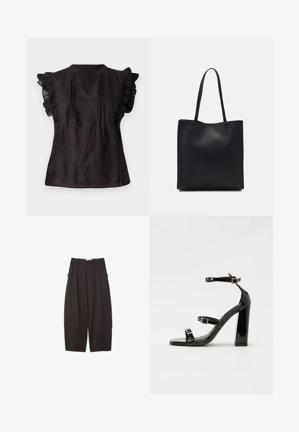 Musta pusero, jossa on V-muotoinen kaula-aukko, röyhelöiset lyhyet hihat, teksturoitu kangas ja pieni pilkkukuosi kauttaaltaan. Sivuhalkiot lisäävät mukavuutta.; Mustat leveälahkeiset housut, jotka on valmistettu sileästä kankaasta. Niissä on korkea vyötärö, etupleatsit ja sivutaskut. Yksinkertainen muotoilu ilman koristeita.; Musta kiiltävä korkokenkä sandaalit neliönmuotoisella varpaalla, nilkkaremmillä ja hopeisilla soljilla. Varustettu tukevalla lohkokorkealla vakauden takaamiseksi.; Mustapahkainen kangaskassi, jossa on sileä pinta, suorakaiteen muotoinen ja kaksi pitkää kahvaa. Ei näkyvää metalliosaa tai koristeita.