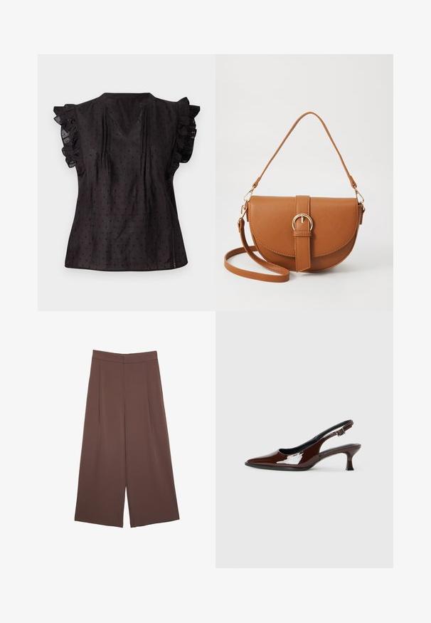 Blusa nera con scollatura a V, maniche corte a volant, tessuto strutturato e motivo a piccoli pois. Le fessure laterali aumentano il comfort.; Pantaloni ampi marroni con una texture liscia, caratterizzati da una vita alta e pieghe frontali. Il tessuto è leggero e scorre liberamente.; Scarpa slingback in pelle verniciata marrone con punta affusolata e tacco moderato. Presenta una fascia con fibbia per una calzata sicura. Tessuto liscio.; Borsa a tracolla in pelle marrone con forma curvata, hardware dorato e un dettaglio con fibbia. Presenta una tracolla rimovibile.