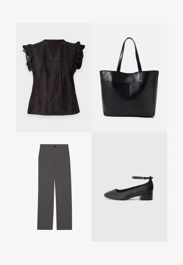 Black blouse with a V-neckline, ruffled short sleeves, textured fabric, and small polka dot pattern throughout. Side slits enhance comfort.; Grey trousers with a straight leg design, featuring two side pockets and a button closure. Smooth fabric with no visible patterns or accents.; Black leather pump with a pointed toe and a low block heel. Features an ankle strap with a gold-tone buckle. Smooth texture.; Black leather tote bag with two long handles, a smooth texture, and a structured shape. Features a front pocket for additional storage.