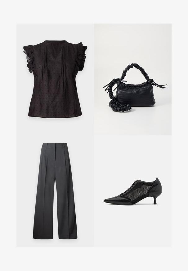 Blusa nera con scollatura a V, maniche corte a volant, tessuto strutturato e motivo a piccoli pois. Le fessure laterali aumentano il comfort.; Pantaloni a gamba larga in tessuto grigio scuro, con vita alta, pieghe singole e una texture liscia con una finitura pulita sui orli.; Scarpa nera a punta con un design a pannello di rete, dotata di un tacco basso e lacci frontali. Realizzata in una combinazione di pelle e materiale a rete.; Borsa a tracolla in ecopelle nera con texture a coccodrillo, apertura cinchata e tracolla arricciata. Si presenta con un design morbido e compatto.