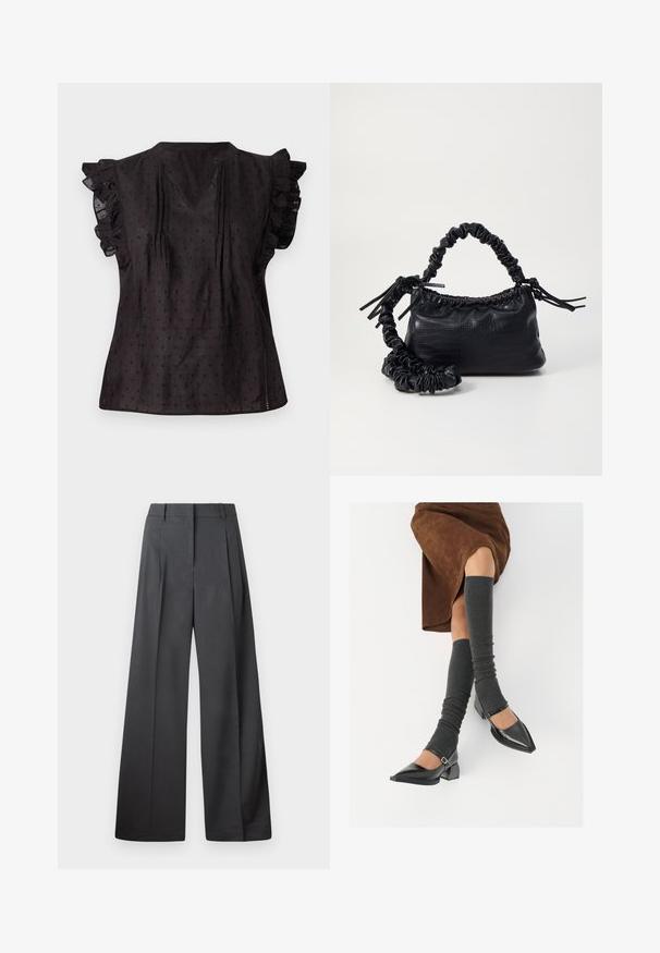 Svart bluse med V-hals, volang korte ermer, teksturert stoff og små prikkemønster gjennom hele plagget. Sidelommer forbedrer komforten.; Vide bukser i mørkegrått stoff med høy livlinje, enkel press, og en glatt tekstur med en ren finish på ermekantene.; Sorte lakkpumps med spiss tå, blokkhel, og ankelstropp, kombinert med grå ribbestrikkede beinvarmere og et brunt semsket skinn skjørt.; Svart faux skinn-håndveske med krokodilletekstur, strammet topp og en rynket stropp. Ser myk og kompakt ut i designen.