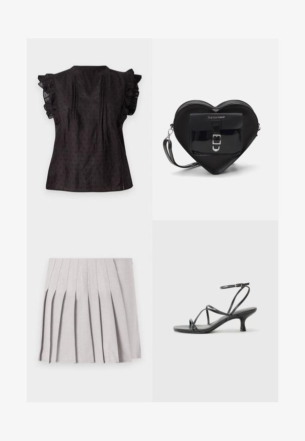 Svart blus med V-ringning, volangkort ärm, texturerad tyg och ett litet prickmönster överallt. Sidofickor ökar komforten.; Grå plisserad kjol med en slät textur, som har flera vertikala veck och en åtsittande midja. Tillverkad av lättviktig tyg.; Svarta klacksandaler med tunna remmar, öppen tådesign och en liten, utställd klack. Materialet ser slätt och glansigt ut.; Svart hjärtformat väska i lackläder med en framficka som har spänne och avtagbart axelband. Silverfärgade detaljer.