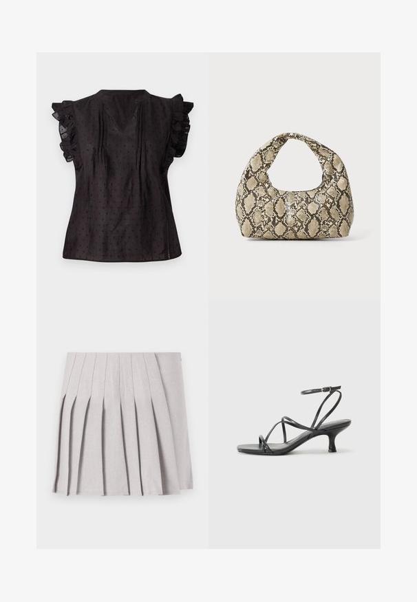 Blusa preta com decote em V, mangas curtas com babados, tecido texturizado e padrão de bolinhas pequenas por todo o lado. As fendas laterais aumentam o conforto.; Saia cinza plissada com uma textura suave, apresentando múltiplos pregas verticais e uma cintura ajustada. Feita de tecido leve.; Sandálias pretas de salto alto com tiras finas, design aberto na ponta e um pequeno salto largo. O material parece suave e brilhante.; Bolsa com padrão de pele de cobra e uma alça curva. Feita de materiais texturizados em bege e castanho, apresentando um padrão de diamante distintivo.