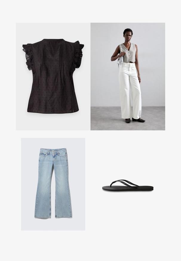 Blusa negra con escote en V, mangas cortas con volantes, tejido texturizado y un pequeño patrón de lunares en toda la prenda. Las aberturas laterales aumentan la comodidad.; Weekday NOVA - Vaqueros slim fit - lip blue; Chanclas negras con suela de goma texturizada, dos tiras delgadas y un sutil detalle de logo en relieve en la tira.; Chaleco gris cortado con botones, combinado con pantalones vaqueros de pierna ancha blancos y zapatos planos negros. Accesorios con un pequeño bolso de flecos plateado.