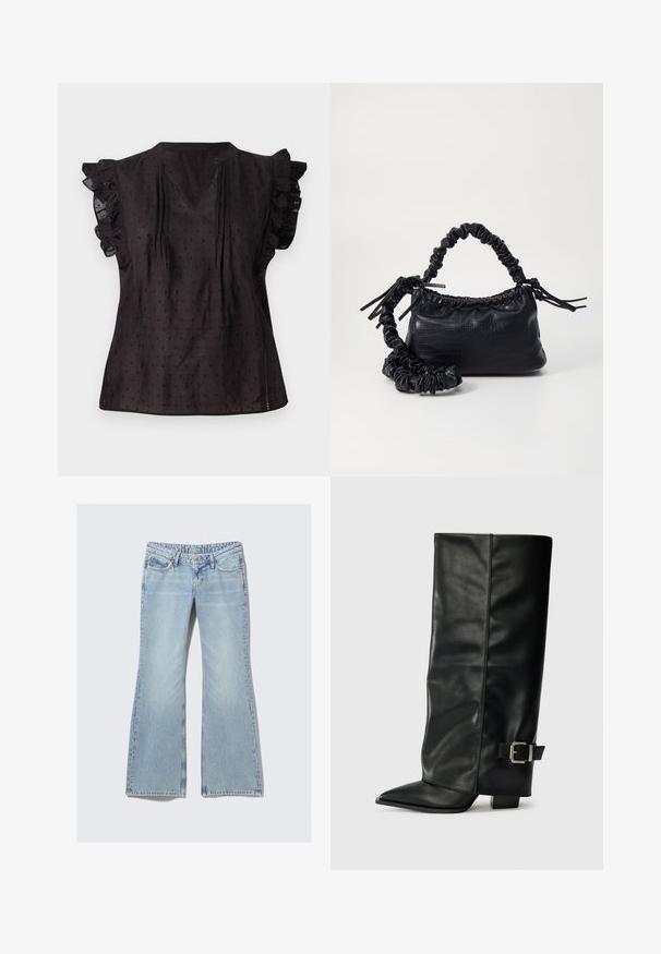 Sort bluse med V-udskæring, rynkede korte ærmer, struktureret stof og små prikker overalt. Sideslidser øger komforten.; Weekday NOVA - Jeans Slim Fit - lip blue; Sorte læder ankelstøvler i ankellængde med spids tå, glat tekstur og en sølvspændeaccents på siden. Kraftig firkantet hæl.; Sort kunstlæder håndtaske med krokodilteksur, indsnøret top og en sammenkrøben rem. Ser blød og kompakt ud i designet.