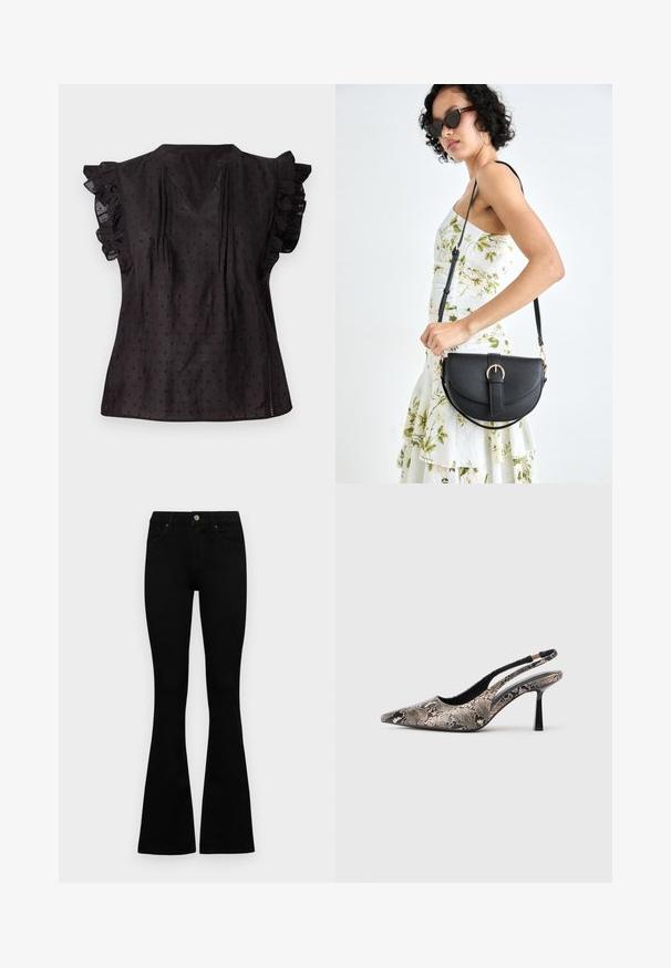 Juoda bluzonė su V formos iškirpte, volanginiais trumpais rankovėmis, tekstūruota medžiaga ir mažų taškelių raštu visame paviršiuje. Šoninės skeltos padidina komfortą.; Juodos aukšto liemens džinsai su mygtuku ir užtrauktuku, priekinėmis kišenėmis ir platėjančiomis kojomis, išdėstyti ant baltos fono.; V-formos slingback batai, pagaminti iš tekstūruoto gyvatės odos raštų, su siauru juodu kulnu ir išpjova šonuose.; Juodas odinis krepšys su išlenkta forma, nuimamu dirželiu ir auksiniais detalėmis. Krepšys turi kilpą su sagtimi.