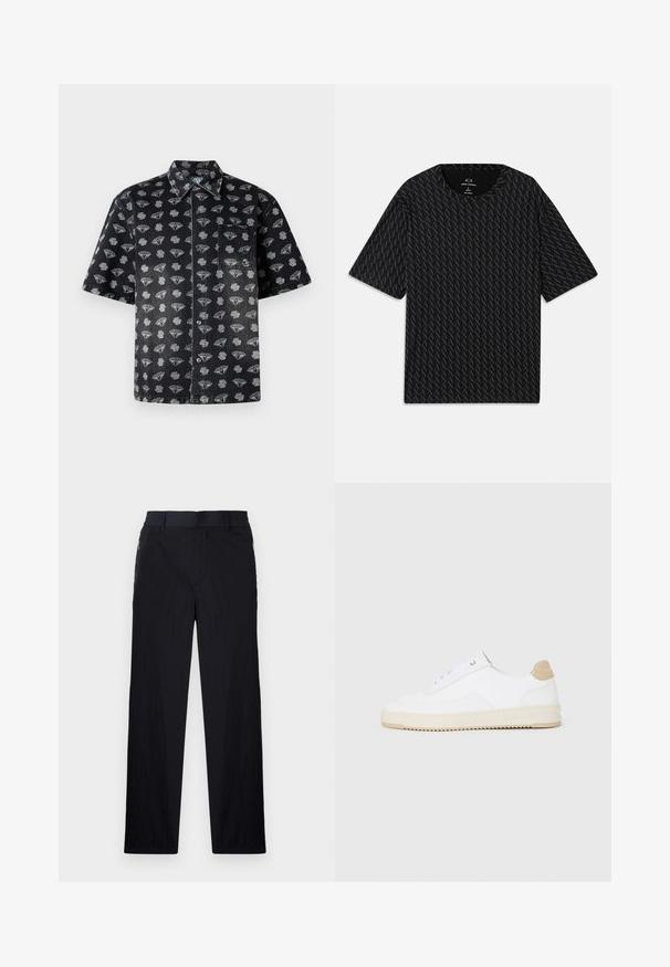 Camisa de ganga preta de mangas curtas com um padrão de formas de diamante e nuvens em cinza, com um bolso frontal e fecho em botão.; Camiseta preta com um padrão texturizado de logótipos 'A' alternados, mangas curtas e decote redondo. Feita de tecido leve.; Calças pretas com um tecido leve e texturizado, design de pernas retas, cintura elástica e bolsos laterais com fecho.; Sapatilhas brancas de cano baixo com parte superior em couro texturizado, sola cream estriada e detalhe em tan no calcanhar. Apresenta atacadores brancos e detalhe do logótipo no calcanhar.