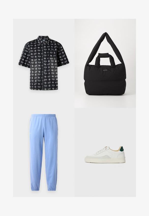 Kortermet svart denimskjorte med et mønster av diamantformer og skyer i grått, med en frontlomme og knappelukking.; Lys blå joggebukser med elastisk midje, oppbrettede ankler og sidelommer. Har et lite trykt logo nær hoften.; Hvit sneakers med semsket detaljer, rund tå, flate snøringer og en kremfarget gummisåle. Har grønn merking på hælen.; Svart polstret veske med en bred, myk skulderreim og topphåndtak. Har glidelås lukking og en subtil logo foran.