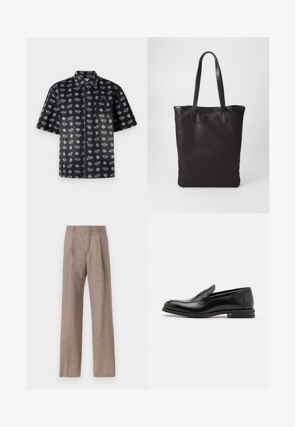 Trumpas rankovėmis juodas džinsinis marškinys su tvirto formos ir debesų raštu pilka spalva, su priekinę kišenę ir mygtukų uždarymu.; Rudos, aukšto liemens kelnes, pagamintas iš tekstūruotos medžiagos. Plati kojos, dvi priekinės klostės struktūrai. Tvarkingas apdailos darbai, be matomų detalių.; Juodos odinės loafers, turinčios lygų paviršių, apvalią noselę ir dekoratyvinę juostą per priekinę dalį. Žemas krentantis kulnas, minimalistinis dizainas.; Juodas drobės pirkinių maišelis su juodais odiniais rankenomis. Paprastas dizainas, erdvus kūnas ir lygus paviršius. Nėra matomų logotipų ar raštų.