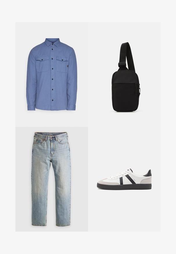 G-STAR MARINE SLIM - Skjorta - vintage indigo gd; Ljusblå denimjeans med hög midja, framknäppning, dragkedja och femficksdesign, placerade platt på en neutral bakgrund.; Vit sneaker med svarta och grå accenter, med en strukturerad grå tådel, svart gummisul, och platta vita skosnören. Ren design, minimalistisk stil.; Svart axelväska gjord av slitstarkt tyg, med en justerbar rem, ett zip-försett huvudfack och en framficka.