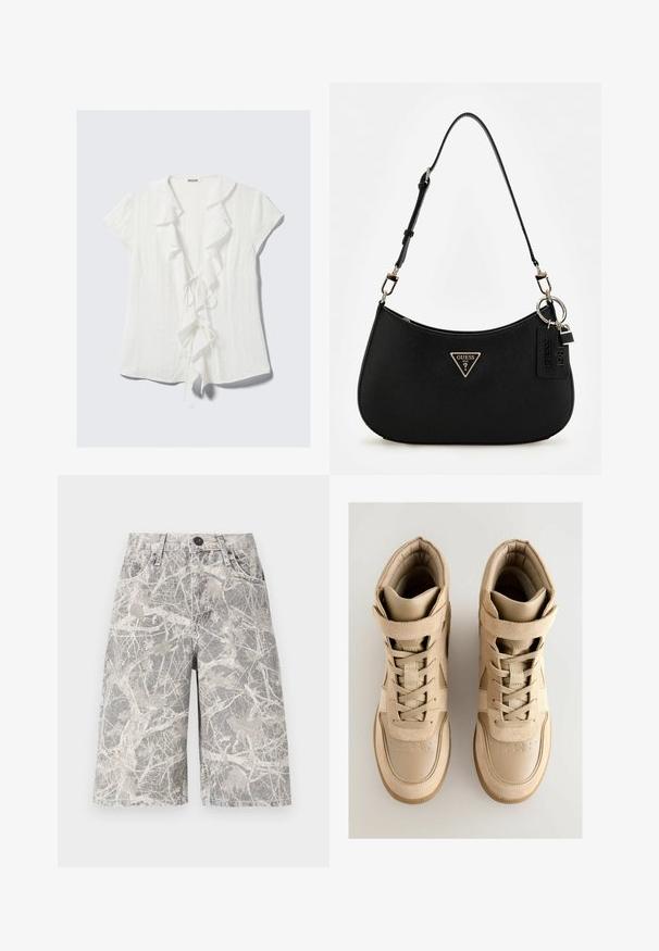 Valkoinen lyhythihainen paita, jossa on röyhelökaulus, nauhakiinnitys edessä ja tekstuurinen crepe-kangas.; Kankurokuvioiset farkkushortsit harmaan ja beeživärin sävyissä, joissa on klassinen viiden taskun muotoilu ja metallinen nappisulku.; Beiget korkeavartiset tennarit, joissa on teksturoitu mokka- ja nahkapinta. Kenkien ominaisuuksiin kuuluvat nauhakiinnitys, tarranauha ja kumipohja.; Musta synteettinen olkalaukku, jossa on kaareva siluetti, teksturoitu pinta, kultainen kolmion logo ja irrotettavat varusteet.; Monikeri hopeaketju, jossa on useita kerroksia, valkoisia helmiä, tähti- ja puolikuukoruja, sekä ympyräpendantti pohjassa, jossa on auringonpaistekuvio.