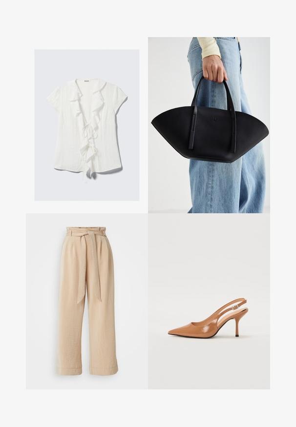 Balta trumpa rankovėmis bluzelė su banguota apykakle, priekyje susirišimu ir tekstūruota krepo medžiaga.; Smėliniai plačiakojai kelnių su diržu, pagaminti iš tekstūruoto audinio. Yra priekinė klostė ir lygi apdaila palei apačią.; Pailgų smailiu pirštu slingback kulnas, pagamintas iš lygaus, blizgaus rudos spalvos medžiagos. Yra kreivų išpjovimų dizainas ir lieknas stiletto kulnas. Sidabrinė sagtis.; Juodas odinis rankinis uždangalas unikaliu ventiliatoriaus formos dizainu, turintis plokščias rankenas. Paviršius turi akmeninė tekstūrą ir minimalistišką dizainą.