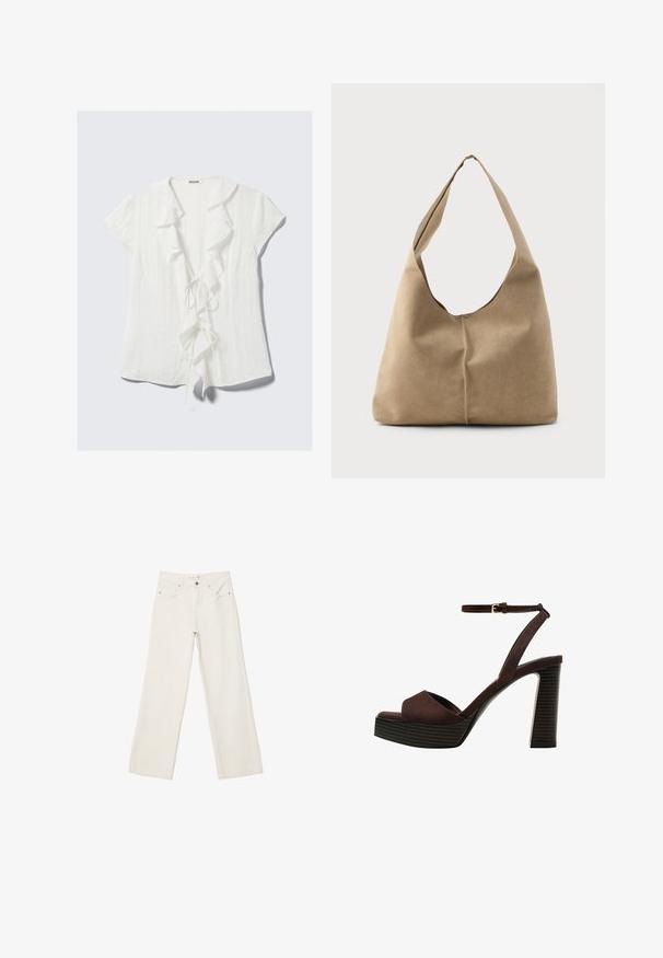 Valkoinen lyhythihainen paita, jossa on röyhelökaulus, nauhakiinnitys edessä ja tekstuurinen crepe-kangas.; Valkoiset leveälahkeiset farkut, joissa on korkea vyötärö, etutaskut ja nappihytti. Puhtaan muotoilun minimalistisilla yksityiskohdilla.; Ruske kožne sandale s visokom potpeticom, otvorenim prstima, podesivim kopčanjem oko gležnja i prugastim platformskim đonom.; Hobo-laukku pehmeästä beige-suedesta, jossa on löysä muoto, leveä olkahihna ja käsinommeltu sauma edessä.