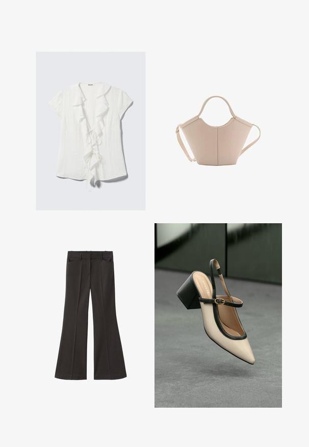 Bela kratka bluza s kratkimi rokavi, ki ima naguban ovratnik, povezovanje z vrvico spredaj in teksturirano krepo tkanino.; Črne razširjene hlače z visokim pasom; vključujejo dva sprednja žepa in gladko teksturo tkanine. Primerne za različne priložnosti.; Bežna slingback čevlja z uskim sprednjim delom, črnimi detajli, zlatim zaponko in debelim blokovskim peto na sivi tleh s temno zeleno ozadje.; Bežna usnjena torbica edinstvene oblike, z dvema kratkima ročajema in dolgim nastavljivim trakom. Gladka tekstura z minimalno kovinsko opremo.
