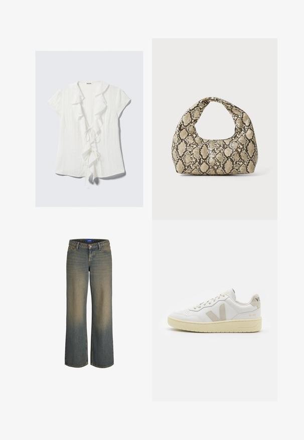 Blusa bianca a maniche corte con colletto volant, chiusura a lacci davanti e tessuto crepe a effetto.; Jeans in denim blu a gamba larga con una gradazione dal chiaro allo scuro, design a cinque tasche e chiusura con bottone. Dettagli cuciti sui bordi.; Sneaker in pelle bianca con dettagli in suede beige, punta perforata, lacci piatti e suola testurizzata color crema. Presenta un logo discreto sul tallone.; Borsa a stampa rettile con manico curvo. Realizzata in materiali testurizzati beige e marroni, presenta un distintivo motivo a rombi.