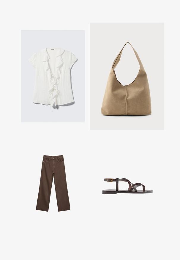 Bijela bluzica kratkih rukava s čipkastim ovratnikom, vezanjem sprijeda i teksturiranim krepa tkaninom.; Proširene smeđe traperice od denima, s visokim strukom, prednjim džepovima i klasičnom kopčom na dugme. Glatka tekstura s suptilnim šavovima.; Smeđe kožne sandale s iskrižanim trakama, umetkom za zapešće s kopčanjem i ravnim potplatom s minimalnim detaljima šivanja.; Torba hobo u mekanom bež antilopu s opuštenim oblikom, širokim remenom za rame i ručno šivenim detaljem na prednjoj strani.