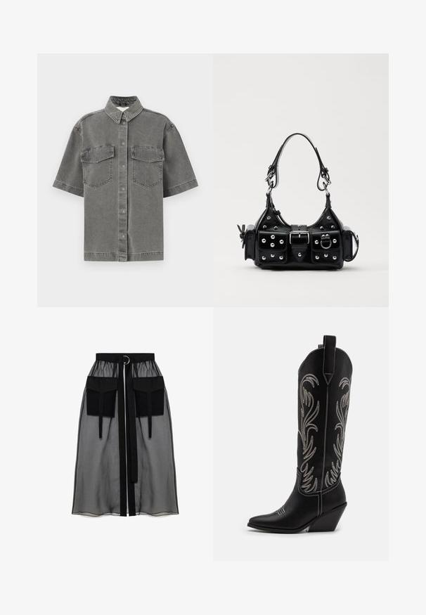 Camisa de mezclilla gris de manga corta con cuello, dos bolsillos en el pecho y cierre de botones. Presenta una textura desvanecida y un corte estándar.; Falda negra transparente con una cinturilla fruncida, que presenta dos grandes bolsillos frontales, un lazo en la cintura y un acento metálico circular.; Botas de cowboy de cuero negro con puntas afiladas, tacones cuña y patrones florales bordados en plata a lo largo del caña. Costuras en contraste por toda la bota.; Bolso de mano de cuero negro con un diseño curvado, que cuenta con tachuelas plateadas, una hebilla y dos bolsillos laterales. Correa ajustable para opciones de transporte.
