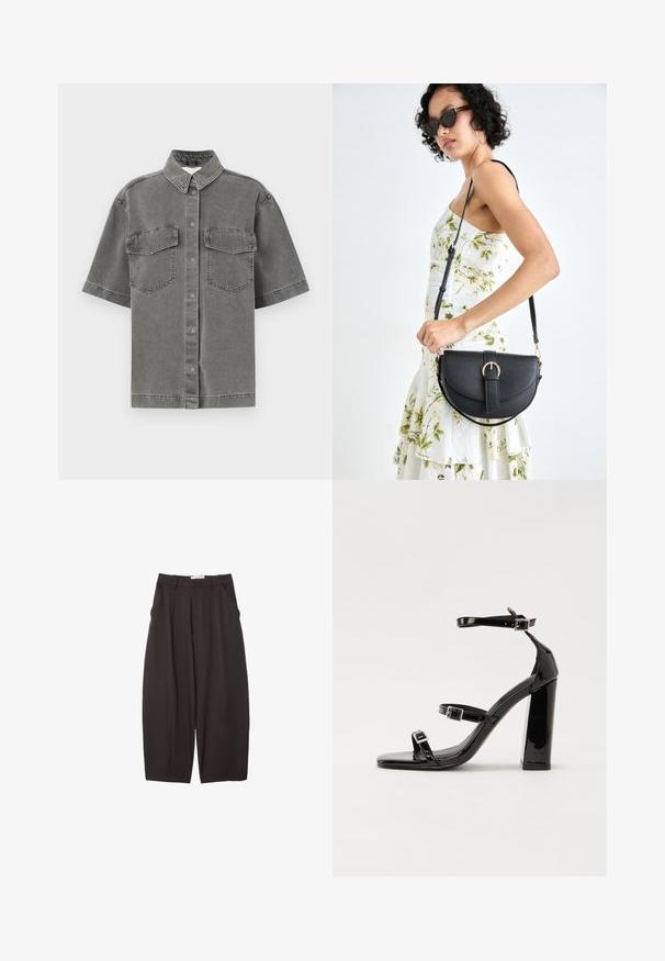Koszula z krótkim rękawem wykonana z szarego denimu, z kołnierzem, dwoma kieszeniami na piersi i zapięciem na guziki. Posiada wyblakłą fakturę i standardowy krój.; Czarne spodnie o szerokich nogawkach wykonane z gładkiego materiału, z wysokim stanem, plisami z przodu i bocznymi kieszeniami. Prosty fason bez zdobień.; Czarne lakierowane sandały na wysokim obcasie, z dwoma paskami zapinanymi na klamry, kwadratowy nosek i masywny obcas typu słupek, o gładkiej, błyszczącej fakturze.; Czarna skórzana torebka o zakrzywionym kształcie, z odpinanym paskiem i złotymi akcentami. Torebka posiada klapę z zapięciem w kształcie klamry.