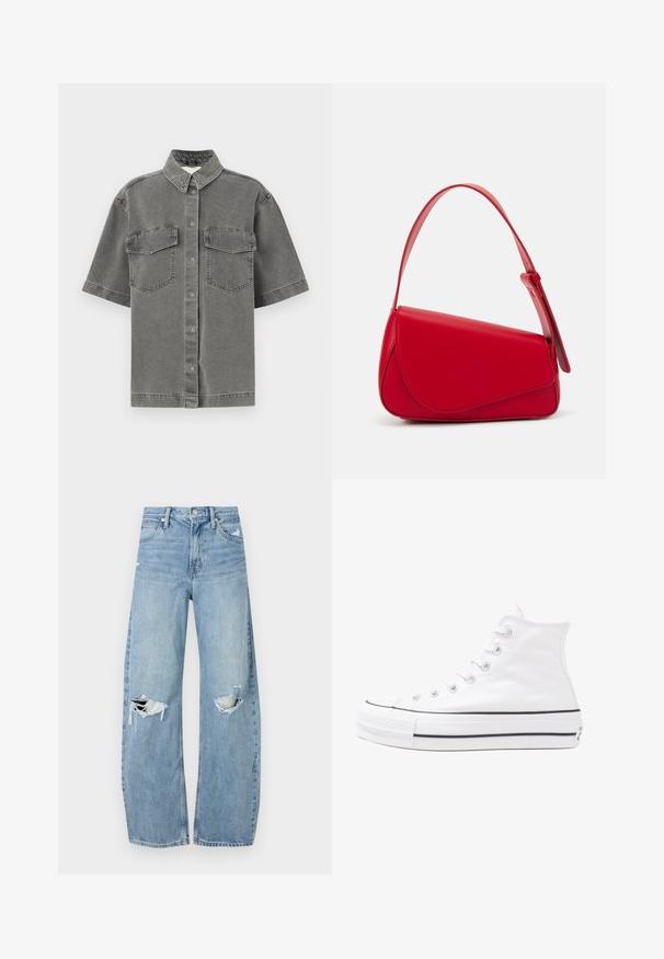 Cămașă din denim gri cu mânecă scurtă, guler, două buzunare pe piept și închidere cu nasturi. Prezintă o textură decolorată și un fit standard.; Jeans de denim, de un bleu deschis, cu talie înaltă. Au picioare late, două zone rupte la genunchi și un stil clasic cu cinci buzunare.; Adidași albi tip pantofi sport cu glezna din pânză, cu talpă din cauciuc negru, capac de vârf din cauciuc frontal și șase ochiuri pentru șireturi, având un design curat și minimalist.; Geantă de mână din piele roșie, cu un design unghiular și geometric. Dispune de o singură curea ajustabilă și un sistem de închidere cu clapetă, cu detalii cusute.
