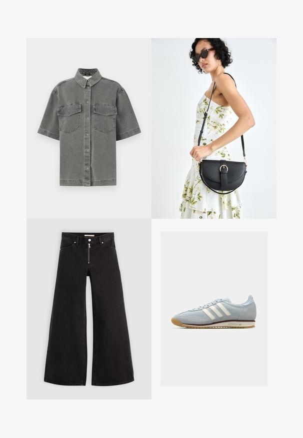 Grijs denim shirt met korte mouwen en een kraag, twee borstzakken en knoopsluiting. Heeft een vervaagde textuur en een standaard pasvorm.; Wijdvallende jeans van zwarte denim met een ritssluiting aan de voorkant, vijf zakken en subtiele stikdetails. Soepele textuur en casual stijl.; Lichtblauwe suède sneakers met witte drie streepen, rubberen zool en textuur-mesh. Voorzien van een gladde neuskap en branding op de hak.; Zwarte leren handtas met een gebogen vorm, afneembare schouderband en gouden hardware. De tas heeft een klep met een gespsluiting.