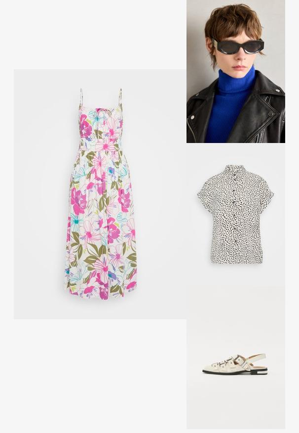 Krekls ar pogām, kas izgatavots no baltas auduma ar melniem abstraktiem punktiem, īsām piedurknēm un klasisku apkakli. Viegls, gluds audums.; Ziedu maksi kleita ar plānām siksnām, kurā ir spilgti rozā, zila un zaļa ziedi uz baltas krāsas fona, savilkti jostas vietā, un plūstoša auduma.; Baleta sandalītes baltā ādā ar vairākiem platām siksnām un sudraba sprādzēm; plakana zole ar mazu melnu papēdi un metalizētām akcentiem.; Melni saules brilles ar noapaļotām malām un tonētiem stikliem. Ar zeltītu aksesuāru uz tempļiem. Valkātas ar zilu ribotu tērpe un ādas jaku.; Dzeltena austs kabata ar atloku dizainu, noņemamu plaukstas siksnu un zeltītu ķēdes akcentu. Gluda tekstūra un taisnstūra forma.; Zelta auskari ar gludu, spīdīgu apdari. Apaļš dizains, kas ietver mazu tapu un caurspīdīgu pamatni drošai valkāšanai.