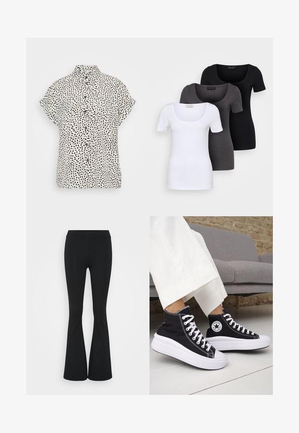 Button-up blouse featuring a white base with black abstract spots, short sleeves, and a classic collar. Lightweight, smooth fabric.; Three fitted T-shirts in white, gray, and black. Each features a wide scoop neckline and short sleeves. Made from smooth, stretchy fabric.; Black flared pants made of stretchy fabric, featuring a high waistband and a smooth texture. The pants flare out from the knee.; Black high-top sneakers with white rubber soles and laces. Features a round logo patch and contrasting white stitching. Canvas material.