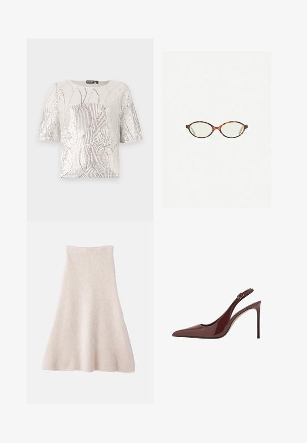 Top a maniche corte di colore crema con un motivo a onde in paillettes e accenti metallici. Collo rotondo con una texture liscia e una vestibilità rilassata.; Una gonna A-line beige chiaro realizzata in un tessuto morbido e testurizzato, con una vita liscia e una silhouette fluida.; Sandal con tacco alto in pelle lucida marrone scuro, punta affusolata, con cinturino regolabile e sottile tacco a stiletto.; Occhiali in tartaruga con lenti ovali e una finitura liscia e elegante. Presentano aste sottili con una leggera curva alle tempie. Lenti trasparenti.