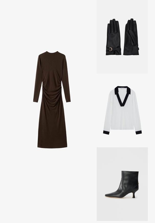 Bluză albă cu mâneci lungi, având un guler negru în formă de V și manșete negre. Material neted, cu croi lejer și un design minimalist.; Rochie lungă cu mâneci dintr-un material moale, de culoare maronie, având un design strâns pe lateral. Rochia are un gât înalt și o siluetă ajustată.; Botine negre din piele, cu vârf ascuțit și toc mic, pătrat. Prezintă o textură netedă și un design minimaliste, cu detalii pe cusăturile laterale.; Pieces PCJEA SMART GLOVES - Mănuși - black