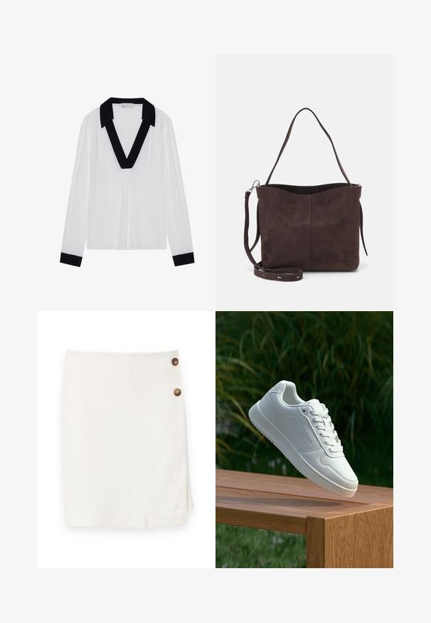 Bela dolga majica z dolgimi rokavi, ki ima črn ovratnik v obliki črke V in črne manšete. Gladek material z udobnim krojem in minimalističnim dizajnom.; Bela krila iz teksturiranega blaga, z zloženim dizajnom in dvema okroglima gumboma ob strani za zapiranje.; Bela teniska s gladkim sintetičnim zgornjim delom, perforiranim prednjim delom, ravnimi vezalkami in teksturiranim podplatom, prikazana na leseni površini.; Rjava gamoška torba z mehkobo teksturo, ki ima en samo ramenski trak in subtilno ukrivljen zgornji del. Brez vidnih kovinskih detajlov.