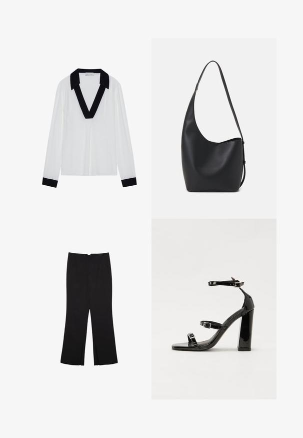 Hvid langærmet skjorte med en sort V-formet krave og sorte manchetter. Glat stof med en afslappet pasform og minimalistisk design.; Sorte bukser med lige pasform, der har frontlommer og slidser i kanten. Lavet af blødt, glat stof. Velegnet til forskellige anledninger.; Sorte patenterede hælsandaler med firkantet tå, ankelremme og sølvspænder. Har en chunky blokHæl for stabilitet.; Sort læder hobo taske med en glat overflade, buet form og en enkelt justerbar rem; har en bred åbning øverst.