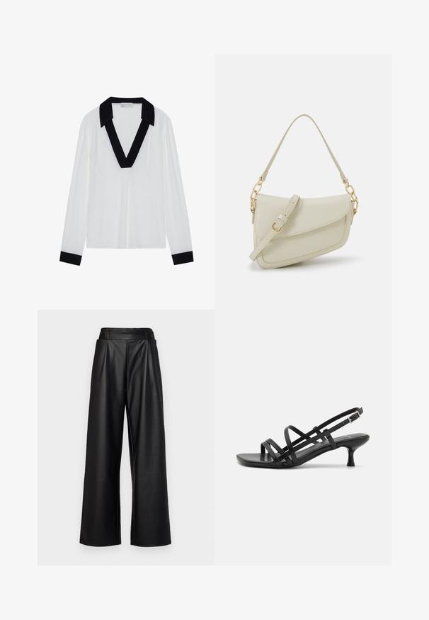 Hvit langermet topp med en svart V-formet krage og svarte mansjetter. Glatt stoff med en avslappet passform og minimalistisk design.; Svarte, vide bukser laget av lær, med høy midje, folder og to sirkulære knapper foran for lukking.; Svarte hæl sandaler med flere krysset remmer. Glatt materiale, spiss tå og smal hæl. Justerbar ankelrem med spenne.; Liten kremfarget håndveske med teksturert overflate, lang justerbar stropp, kjedeakenter og klaffelukking. Detaljer i gullfarge.