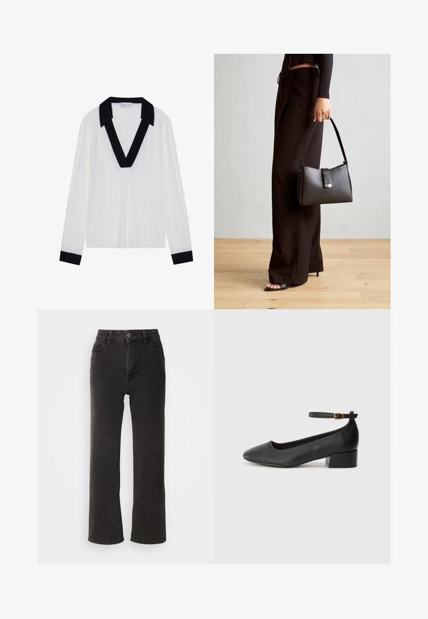 Fehér, hosszú ujjú felső fekete V-alakú gallérral és fekete mandzsettákkal. Simó szövet, laza szabással és minimális dizájnnal rendelkezik.; Fekete, bő szárú farmernadrág, elöl gombos záródással, övhurkokkal és öt zsebbel, enyhén kopott textúrával.; Fekete bőr magassarkú cipő hegyes orral és alacsony tömb sarkal. Bokapánttal rendelkezik, aranyszínű csattal. Simább textúra.; Fekete kézi táska strukturált formával, sima textúrával és fémből készült záródással. Széles fekete nadrággal és nyitott orrú szandállal párosítva, fából készült padlón.