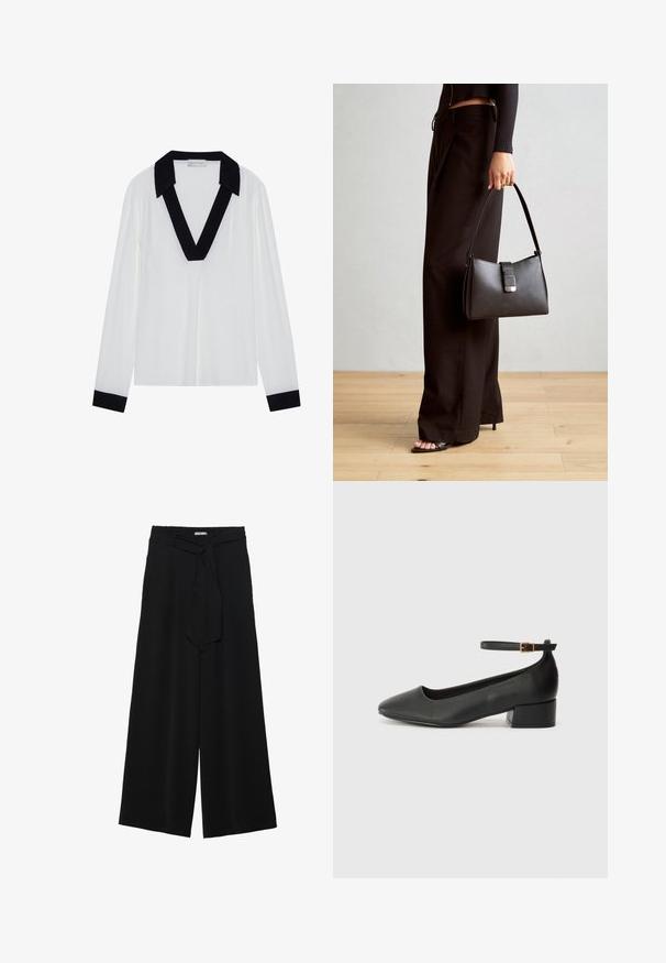 Vit långärmad tröja med svart V-formad krage och svarta ärmslut. Slät tygkvalitet med avslappnad passform och minimalistisk design.; Svarta vida byxor med texturerad tyg, elastisk midja och en avtagbar käppknut i midjan för justerbar passform.; Svart läderpump med spetsig tå och en låg klack. Har en ankelsnodd med en guldtonad spänne. Slät textur.; Svart handväska med strukturerad form, slät yta och metallspänne. Matchad med vida svarta byxor och sandaler med öppen tå på trägolv.