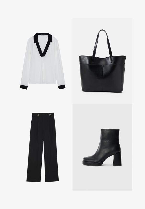 White long-sleeve top featuring a black V-shaped collar and black cuffs. Smooth fabric with a relaxed fit and minimal design.; Black wide-leg trousers with high waist, button details on waistband, and front pleats.; Black leather ankle boot with a block heel and platform sole, viewed from the side on a plain white background.; Black leather tote bag with two long handles, a smooth texture, and a structured shape. Features a front pocket for additional storage.