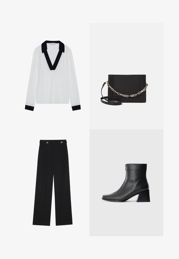Bijela majica dugih rukava s crnim V-izrezom i crnim manžetama. Glatka tkanina s opuštenim krojem i minimalnim dizajnom.; Crne hlače širokih nogavica s visokim strukom, s dugmadi na pojasu i prednjim nabora.; Crne kožne gležnjače sa četvrtastim vrhom, bočnim patentnim zatvaračem i blok petom na jednostavnoj svijetloj pozadini.; Crna kožna torba preko tijela s glatkom teksturom, pravokutnim oblikom i metalnim lancem na prednjoj strani. Uključena je podesiva naramenica.