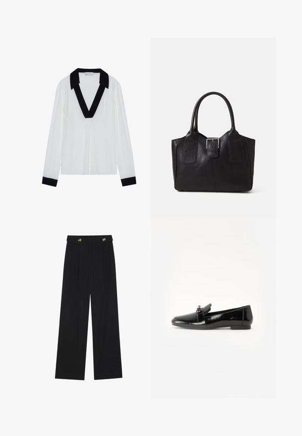 Weißes Langarmoberteil mit schwarzem, V-förmigem Kragen und schwarzen Manschetten. Glattes Material mit lockerer Passform und minimalistischem Design.; Schwarze weite Hosen mit hoher Taille, Knopfdetails am Bund und vorderen Falten.; Schwarze Lackleder-Lederschuhe mit flacher Sohle, runder Spitze und einem dekorativen Riemen mit einem goldfarbenen Akzent. Glattes, glänzendes Finish.; Schwarze Leder-Tote mit glatter Textur, strukturiertem Design, zwei Griffen und einem auffälligen silbernen Schnallen-Detail auf der Vorderseite.