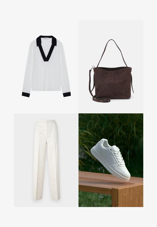 Balts garās piedurknes tops ar melnu V formas apkakli un melnām aprocēm. Gluda auduma ar brīvu piegriezumu un minimālu dizainu.; Krēma krāsas bikses ar pielāgotu piegriezumu, ar taisnu nogriezumu, gludu audumu, priekšējo krokām un tīru apdari. Minimalistisks dizains.; Baltie sporta apavi ar gludu sintētisku augšpusi, perforētu pirkstu daļu, plakani šņorēm un rakstainu zoli, novietoti uz koka virsmas.; Brūns zamšādas roku soma ar mīkstu tekstūru, aprīkota ar vienu plecu siksnu un nelielu izliekta augšējā atvēruma dizainu. Nav redzamu metāla detaļu.