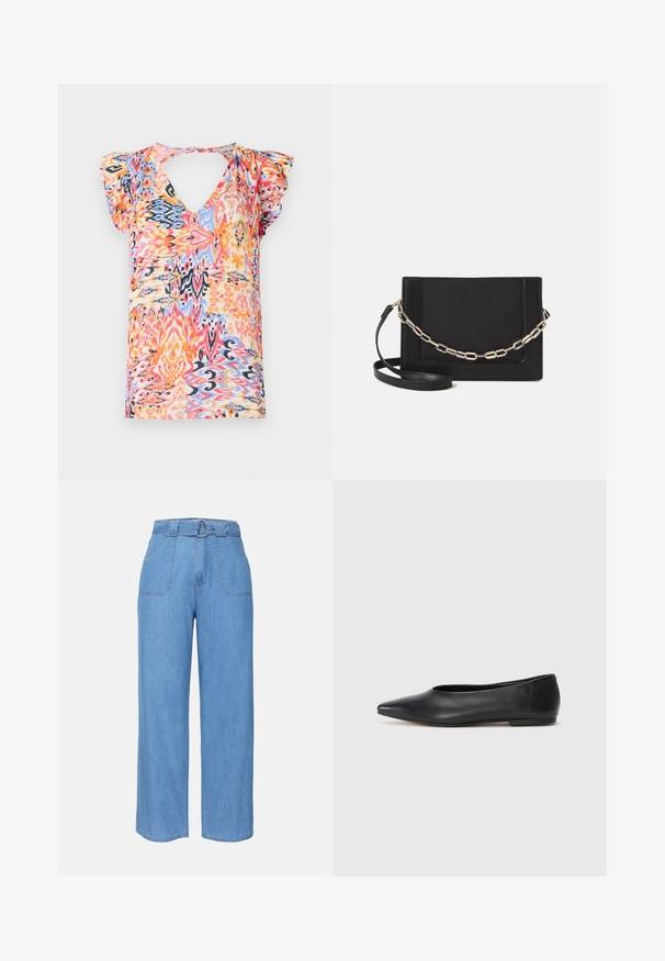 Colorful short-sleeve top with a deep V-neck, featuring a vibrant abstract pattern in pink, orange, blue, and yellow tones.; Light blue denim wide-leg trousers with a belted waist, two front pockets, and a plain texture. Features a minimalist design and clean lines.; Black leather ballet flat, pointed toe, minimalistic design, smooth texture, low-profile heel, no visible hardware or embellishments.; Black leather crossbody bag featuring a smooth texture, rectangular shape, and a metallic chain detail on the front. Adjustable strap included.