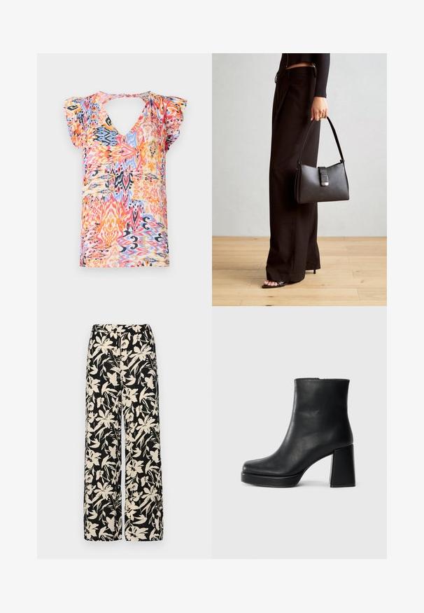 Barvna kratka majica s globokim V-izrezom, ki vsebuje živahni abstraktni vzorec v roza, oranžnih, modrih in rumenih tonih.; Črne široke hlače z kremnim cvetličnim vzorcem. Narejene so iz lahkega blaga, ki ima gladko teksturo in visok pas.; Črne usnjene gležnjarje z blok peto in platformo, prikazane s strani na enobarvni beli podlagi.; Črna torbica z strukturirano obliko, gladko teksturo in kovinskim zaponko. Ujemajo se z širokimi črnimi hlačami in odprtimi sandali na lesenem tleh.