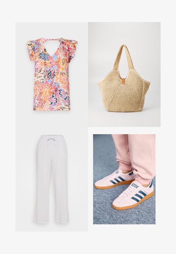 Farebný krátky rukáv top s hlbokým V-výstrihom, ktorý obsahuje živú abstraktnú vzorovú kompozíciu v ružových, oranžových, modrých a žltých odtieňoch.; Biele ľanové nohavice s elastickým pásom, so voľným strihom a rovnými nohavicami. Hladká textúra, žiadne viditeľné vzory alebo akcenty.; Svetloružové semišové tenisky s tmavomodrými koženými pruhmi a gumenou podrážkou. K dispozícii sú ploché šnúrky a značka na boku a jazyku.; Veľká slamienková taška s texturovaným béžovým povrchom a dvoma širokými uchami. Obsahuje kožený akcentový popruh na uzatvorenie.