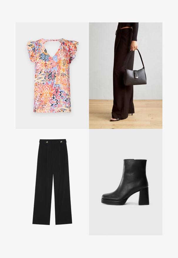 Top corto de manga corta y colorido con escote en V profundo, que presenta un vibrante patrón abstracto en tonos de rosa, naranja, azul y amarillo.; Pantalones de pierna ancha negros con cintura alta, detalles de botones en la cinturilla y pliegues en la parte delantera.; Botín de cuero negro con tacón cuadrado y suela de plataforma, visto de lado sobre un fondo blanco liso.; Bolso negro con forma estructurada, textura suave y un cierre metálico. Combinado con pantalones anchos negros y sandalias de dedo en un suelo de madera.