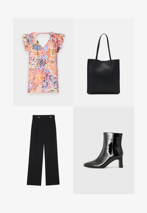 Top scurt, colorat, cu decolteu adânc în V, având un model abstract vibrant în tonuri de roz, portocaliu, albastru și galben.; Pantaloni negri cu picioare largi, talie înaltă, detalii cu butoane pe talie și pliseuri în față.; Botine negre din piele lacuită, cu vârful ascuțit și toc bloc de înălțime medie. Textură netedă și design minimalist.; Geantă tote neagră din piele, cu textură netedă, formă rectangulară și două mânere lungi. Fără hardware vizibil sau ornamente.