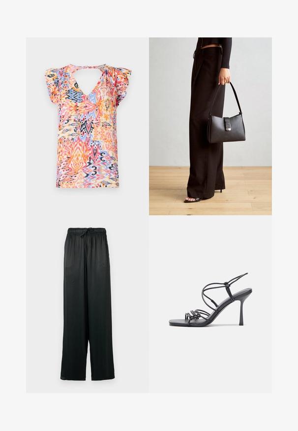 Kleurvolle korte mouwen top met een diepe V-hals, voorzien van een levendig abstract patroon in roze, oranje, blauw en gele tinten.; Zwarte wijde broek van gladde stof, voorzien van een elastische tailleband met een aantrekkoord. Eenvoudig, minimalistisch ontwerp.; Zwarte hoge hakken sandaaltjes hebben dunne banden met een geknoopt ontwerp, een gladde vierkante neus en een elegante stiletto-hak.; Zwarte handtas met gestructureerde vorm, gladde textuur en een metalen sluiting. Gecombineerd met brede zwarte broeken en sandalen met open teen op een houten vloer.