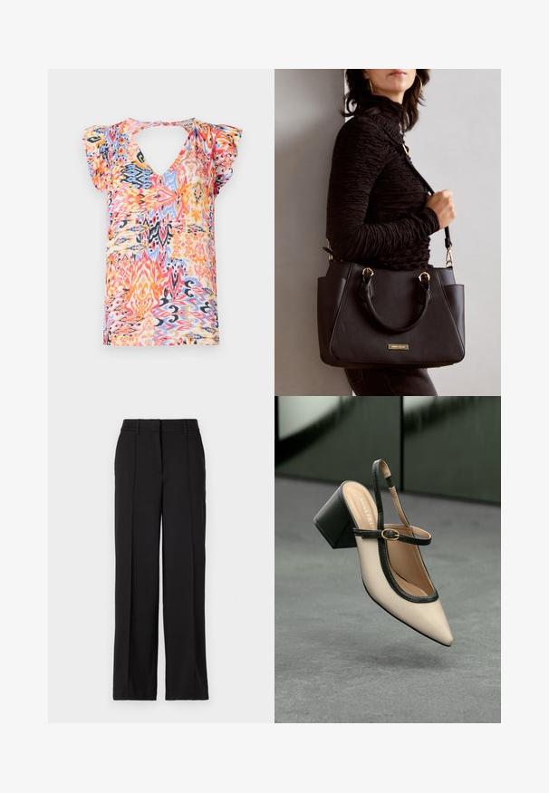 Colorful short-sleeve top with a deep V-neck, featuring a vibrant abstract pattern in pink, orange, blue, and yellow tones.; Black trousers with a straight leg design, featuring two front pleats, a waistband, and no visible pockets or embellishments.; Beige pointed-toe slingback shoe with black trim, gold buckle, and a chunky block heel on gray floor with dark green background.; Black handbag with textured surface, dual top handles, and adjustable shoulder strap. Features gold-tone hardware and side pockets.