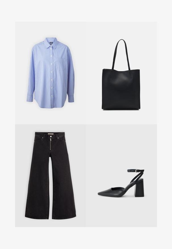 GAP THE BIG SHIRT - Overhemdblouse - blue/white; Wijdvallende jeans van zwarte denim met een ritssluiting aan de voorkant, vijf zakken en subtiele stikdetails. Soepele textuur en casual stijl.; Zwarte leren puntige pump met een enkelbandje en een chunky hak. Vlakke textuur, strakke vormgeving en minimalistische esthetiek.; Zwarte leren handtas met een gladde textuur, rechthoekige vorm en twee lange handvaten. Geen zichtbare hardware of versieringen.
