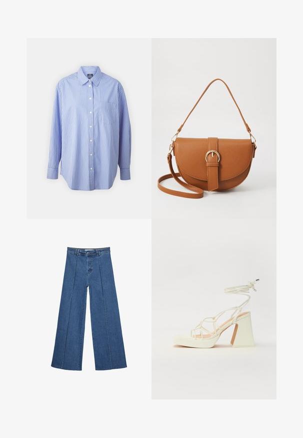GAP THE BIG SHIRT - Hemdbluse - blue/white; Weite Jeans aus Denim in Mittelblau, mit hoher Taille, Knopfverschluss und kontrastierenden vertikalen Nahtdetails an der Vorderseite.; Weiße High-Heel-Sandale mit einem klobigen Absatz, die über ein Riemchendesign und ein Knöchelband verfügt. Glatte Textur mit einer Plattform vorne für zusätzliche Höhe.; Braune Leder-Crossbody-Tasche mit geschwungener Form, goldfarbenen Beschlägen und einer Schnallenakzentuierung. Verfügt über einen abnehmbaren Schultergurt.