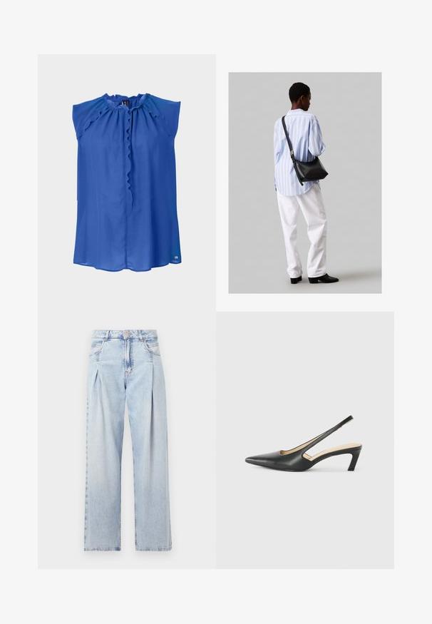 Blusa senza maniche blu con colletto arricciato, texture liscia e una vestibilità leggermente ampia. Presenta una chiusura con bottone e un logo discreto all'orlo.; Jeans in denim azzurro chiaro con vita alta, taglio a gamba larga, due tasche laterali e design plissettato. Texture morbida con una finitura sbiadita.; Scarpa slingback nera con punta affilata e tacco basso, realizzata in pelle liscia e con un design a taglio laterale per favorire la traspirabilità.; Borsa a tracolla in pelle nera con una texture morbida, forma triangolare e tracolla regolabile, abbinata a una camicia a righe blu chiaro e pantaloni bianchi.
