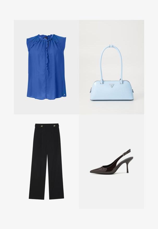 Plava bezrukavna bluzica s naboranim izrezom, glatke teksture i blago slobodnog kroja. Ima zatvaranje na dugmadi i suptilan logo na rubu.; Crne hlače širokih nogavica s visokim strukom, s dugmadi na pojasu i prednjim nabora.; Sandalice na visokom potpetici od sjajnog tamnosmeđeg lakiranog kože, s oštrim vrhom, otvorenim stranama i podesivom naramenicom.; Svijetloplavi ručni torbica sa strukturiranim oblikom, glatka kožna materija, dva ručka i trokutasti brend logotip na prednjoj strani. Zatvaranje na patentni zatvarač.