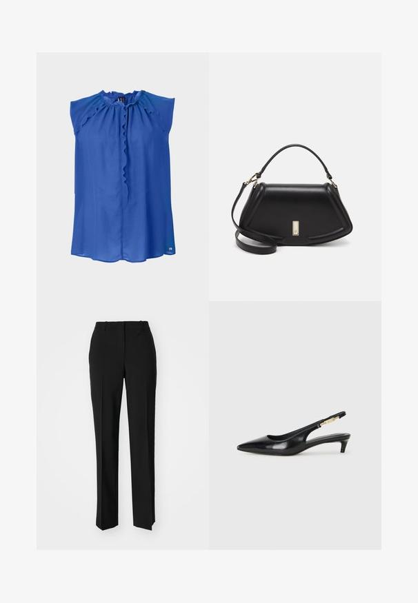 Blue sleeveless blouse with a ruffled neck, smooth texture, and a slightly loose fit. Features a button closure and a subtle logo at the hem.; Black tailored trousers with a straight-leg design, featuring a smooth texture and crisp creases along the front. No visible hardware.; Black leather slingback heels with a pointed toe, featuring a slim heel and a gold-tone accent on the adjustable strap. Smooth texture.; Black leather handbag with a structured design, featuring a cropped shape, top handle, and gold hardware accent. Adjustable shoulder strap included.